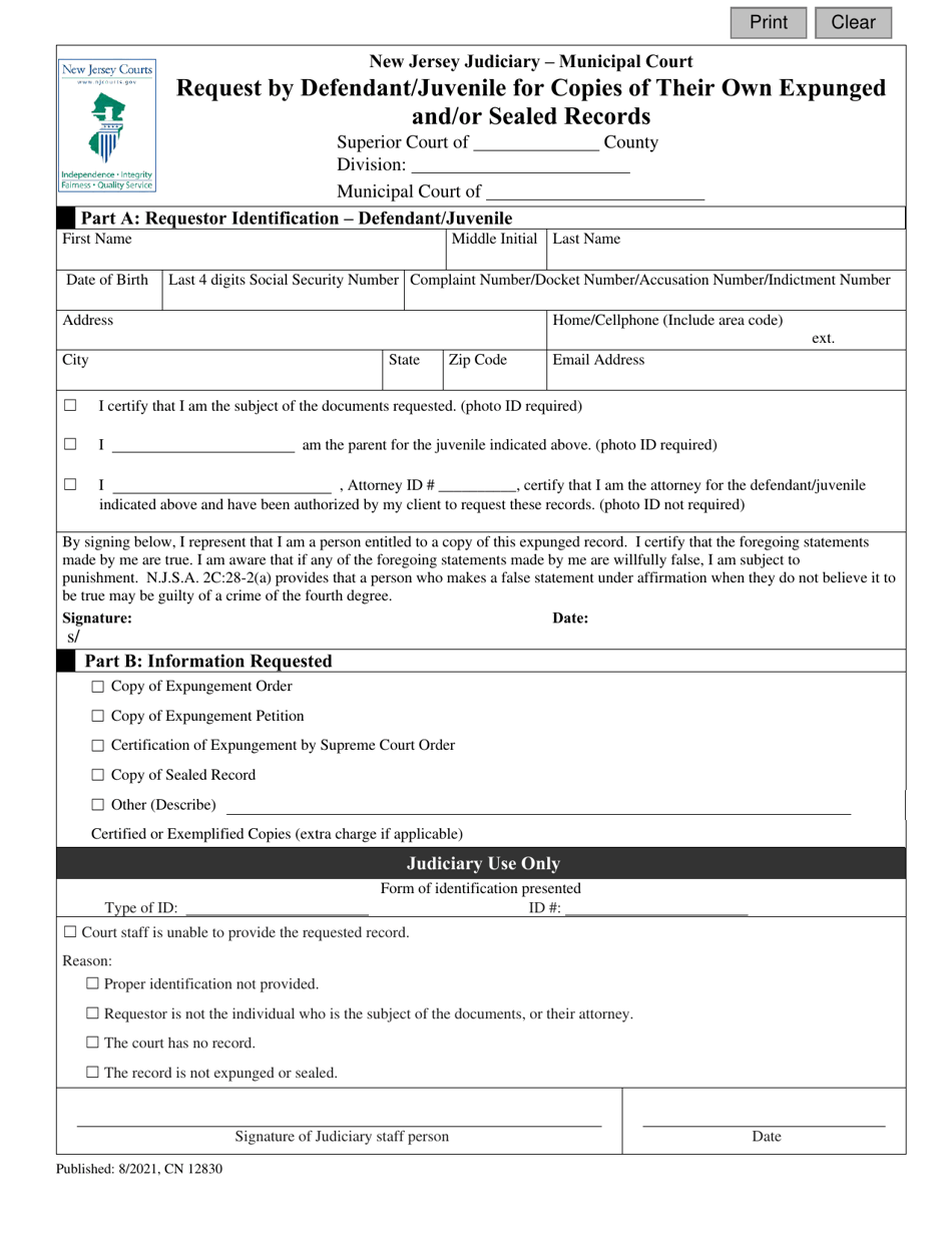 Form 12830 Request by Defendant / Juvenile for Copies of Their Own Expunged and / or Sealed Records - New Jersey, Page 1