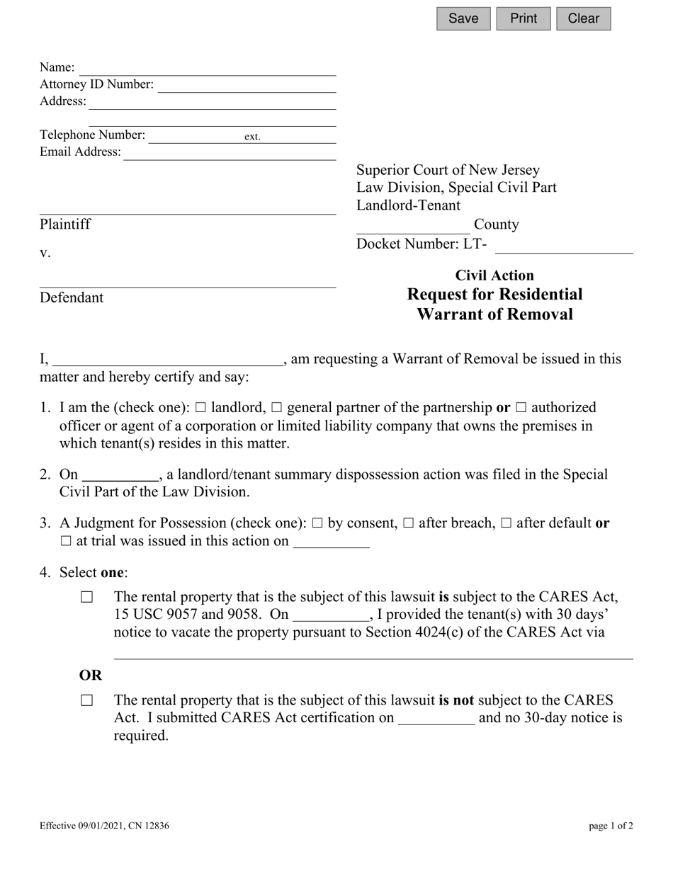 Form 12836 Request for Residential Warrant of Removal - New Jersey, Page 1