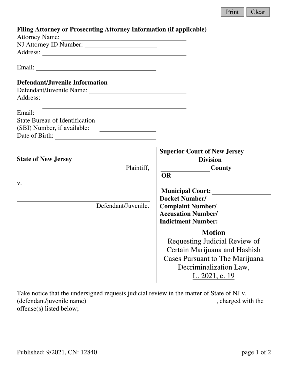 Form 12840 Motion - Requesting Judicial Review of Certain Marijuana and Hashish Cases Pursuant to the Marijuana Decriminalization Law, L. 2021, C.19 - New Jersey, Page 1