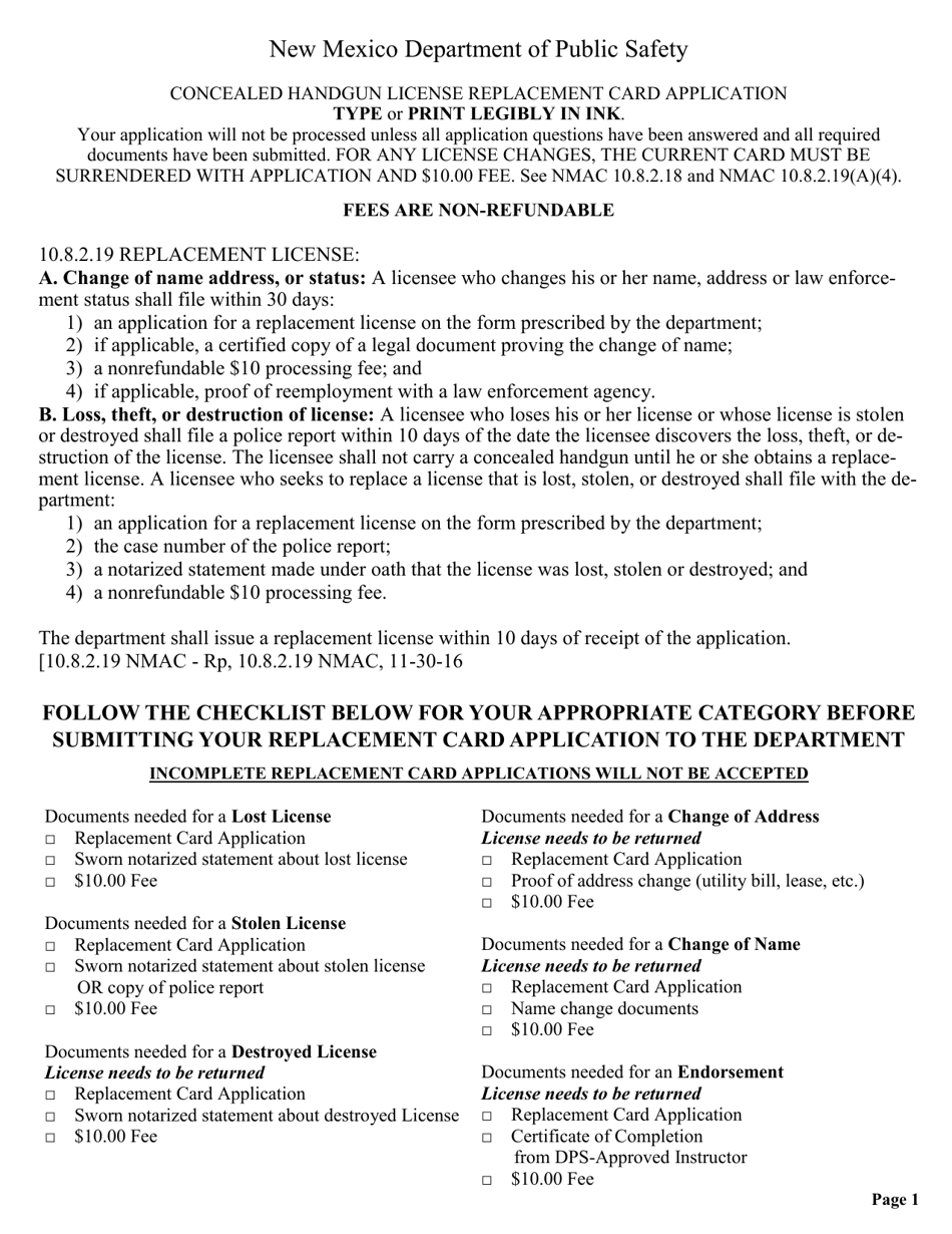 Concealed Handgun License Replacement Card Application - New Mexico, Page 1