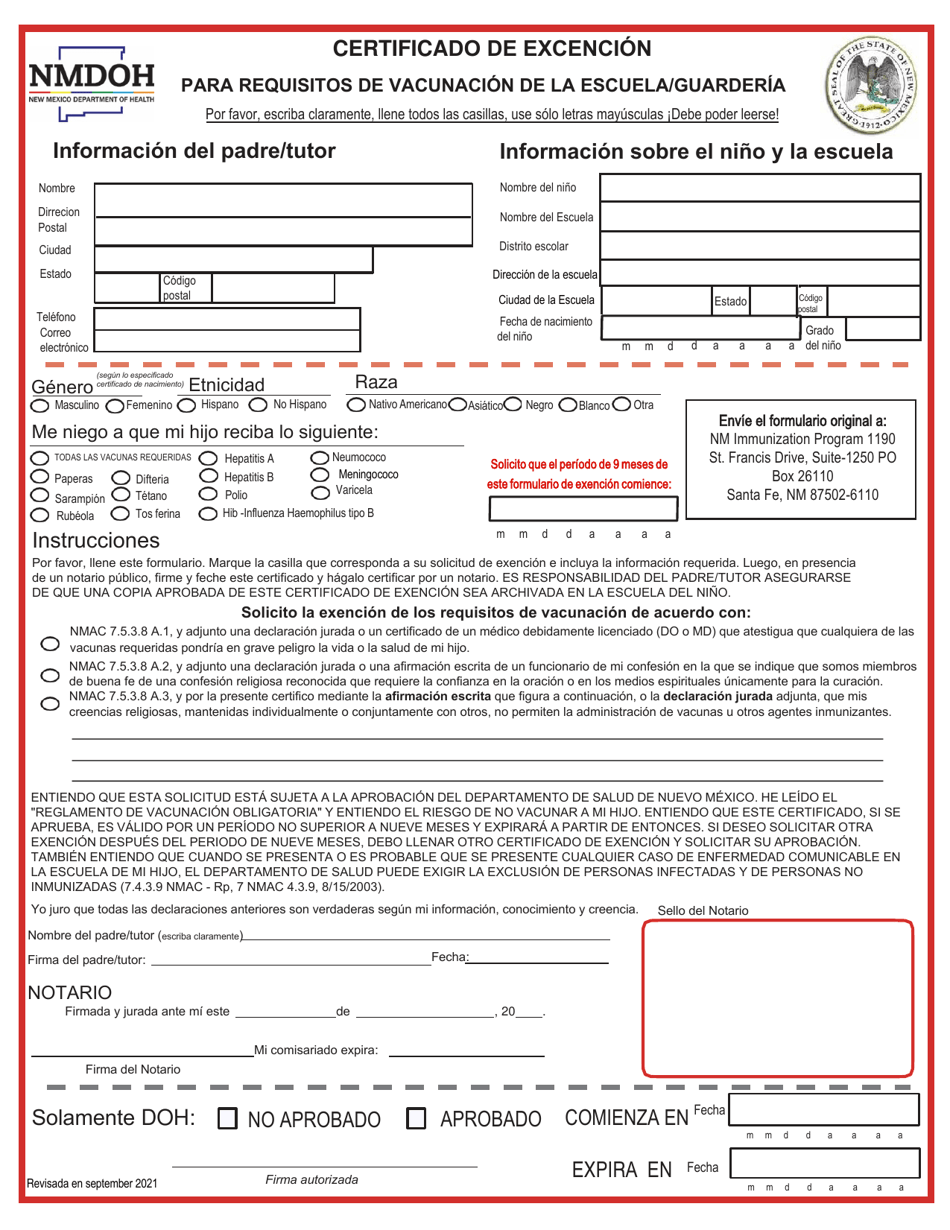 Certificado De Excencion Para Requisitos De Vacunacion De La Escuela / Guarderia - New Mexico (Spanish), Page 2