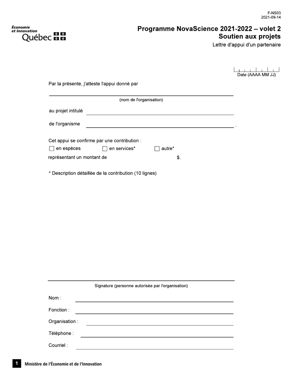 Forme F-NS03 Volet 2 Lettre Dappui Dun Partenaire - Soutien Aux Projets - Programme Novascience - Quebec, Canada (French), Page 1