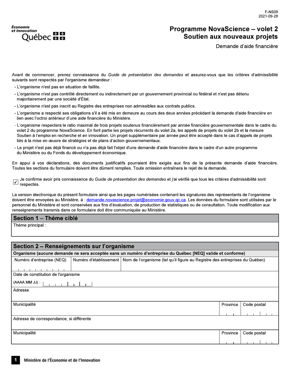 Forme F-NS09 Volet 2 Demande Daide Financiere - Soutien Aux Nouveaux Projets - Programme Novascience - Quebec, Canada (French), Page 1