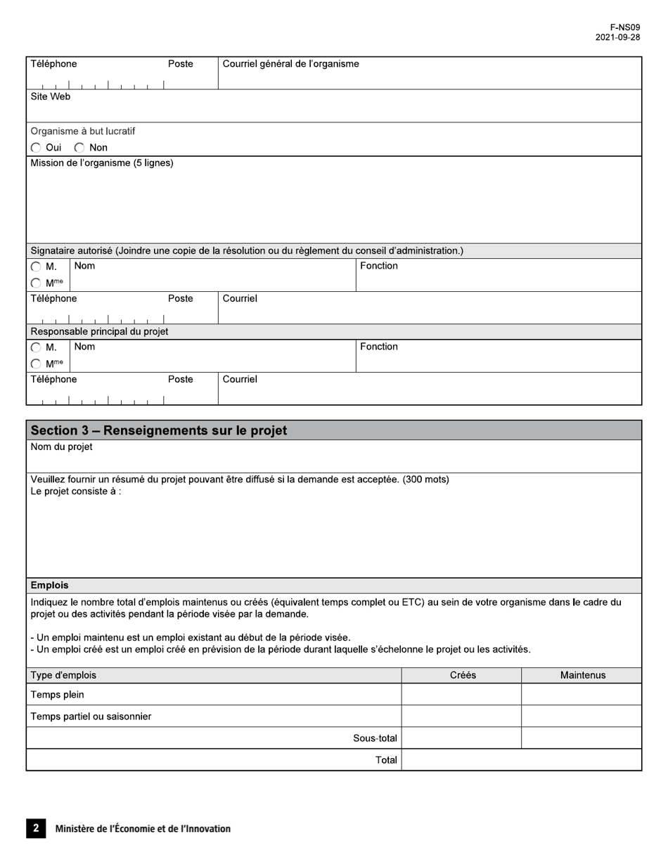 Forme F-NS09 Volet 2 Demande Daide Financiere - Soutien Aux Nouveaux Projets - Programme Novascience - Quebec, Canada (French), Page 2