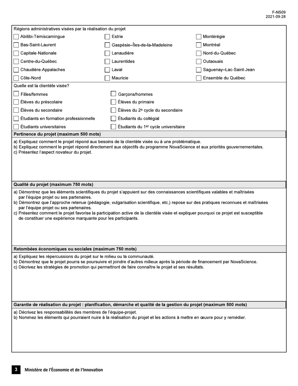 Forme F-NS09 Volet 2 Demande Daide Financiere - Soutien Aux Nouveaux Projets - Programme Novascience - Quebec, Canada (French), Page 3