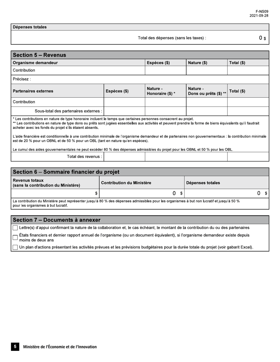 Forme F-NS09 Volet 2 Demande Daide Financiere - Soutien Aux Nouveaux Projets - Programme Novascience - Quebec, Canada (French), Page 5