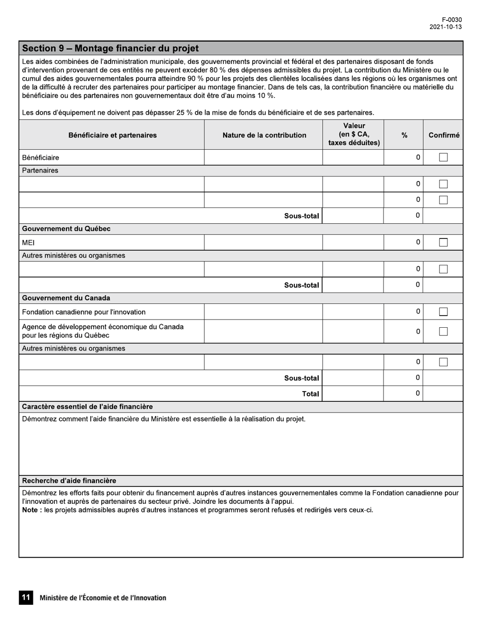 Forme F-0030 Demande Daide Financiere - Programme De Soutien Aux Organismes De Recherche Et Dinnovation - Soutien Au Financement Dinfrastructures De Recherche Et Dinnovation (Psov4) - Quebec, Canada (French), Page 11