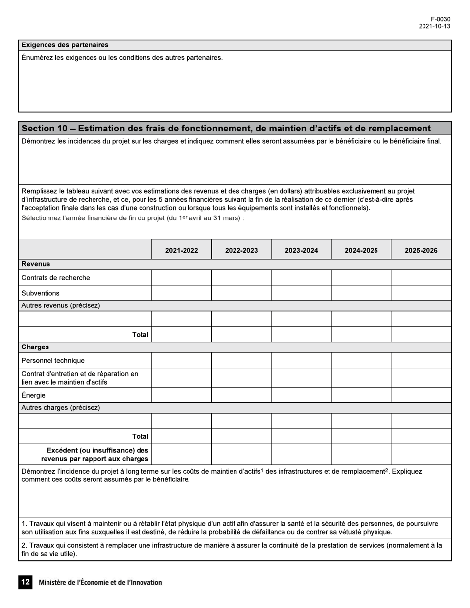 Forme F-0030 Demande Daide Financiere - Programme De Soutien Aux Organismes De Recherche Et Dinnovation - Soutien Au Financement Dinfrastructures De Recherche Et Dinnovation (Psov4) - Quebec, Canada (French), Page 12