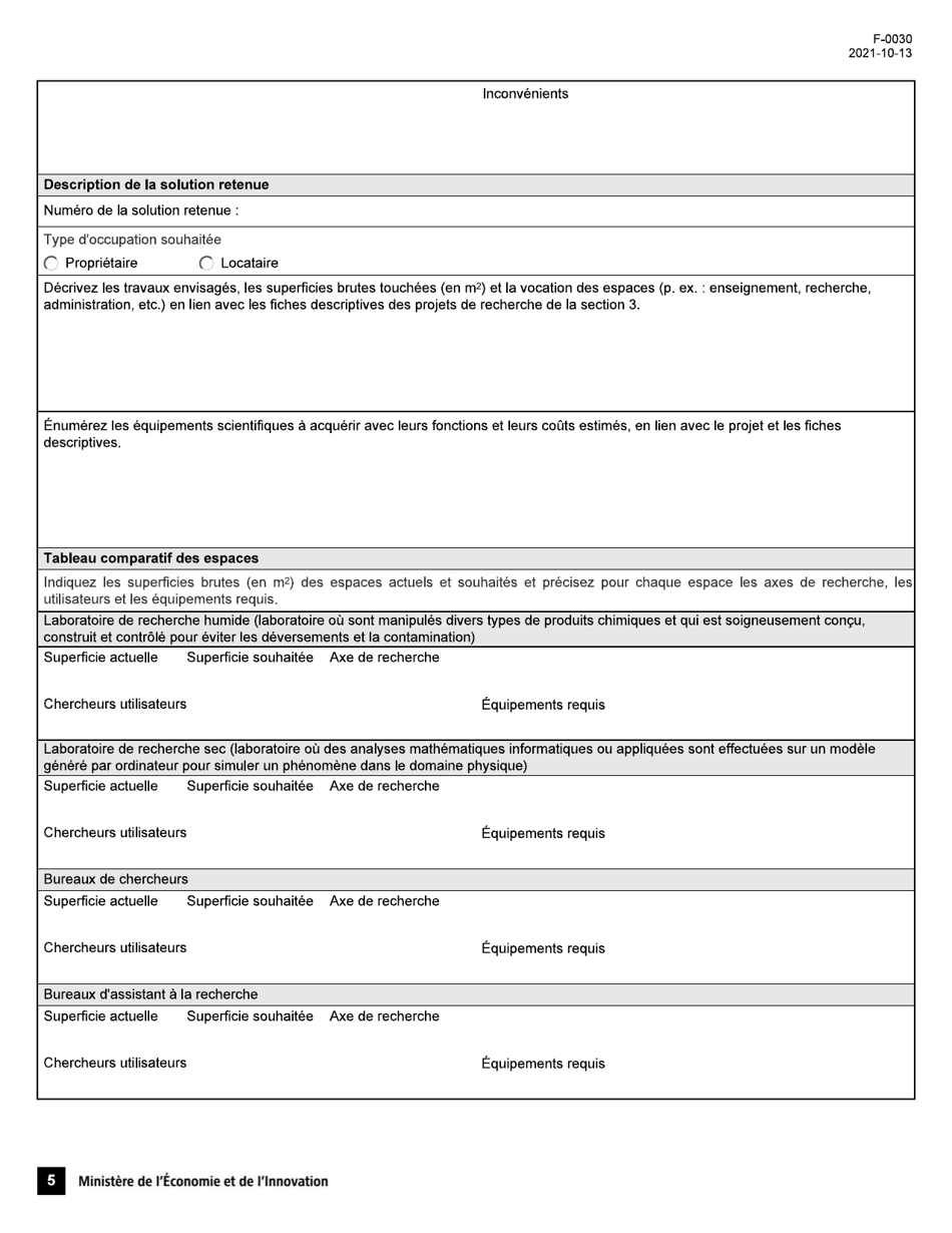 Forme F-0030 Demande Daide Financiere - Programme De Soutien Aux Organismes De Recherche Et Dinnovation - Soutien Au Financement Dinfrastructures De Recherche Et Dinnovation (Psov4) - Quebec, Canada (French), Page 5
