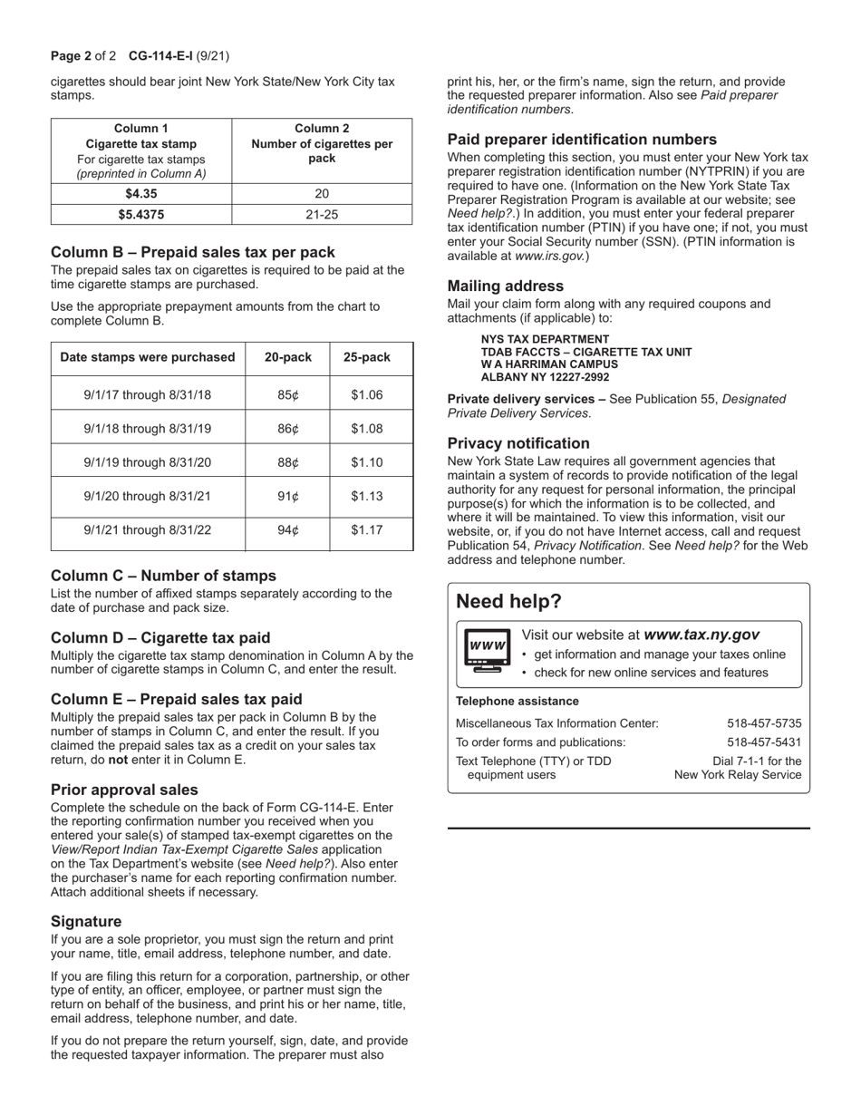 Instructions for Form CG-114-E Expedited Claim for Refund for Indian Tax-Exempt Cigarette Sales - New York, Page 2