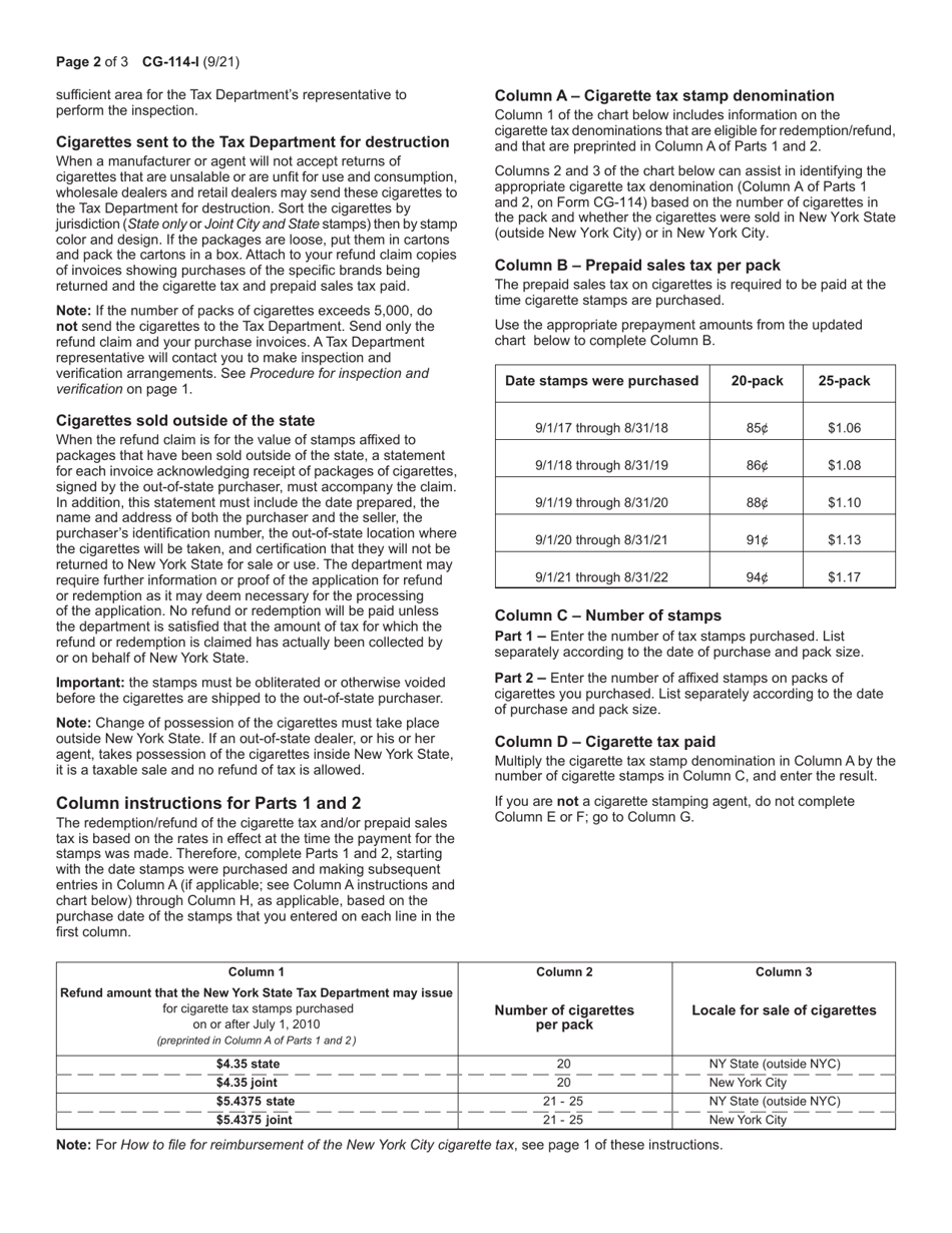 Instructions for Form CG-114 Claim for Redemption / Refund of Cigarette Tax Stamps and Prepaid Sales Tax - New York, Page 2