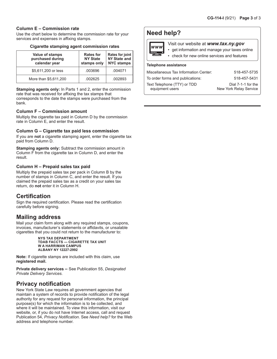 Instructions for Form CG-114 Claim for Redemption / Refund of Cigarette Tax Stamps and Prepaid Sales Tax - New York, Page 3