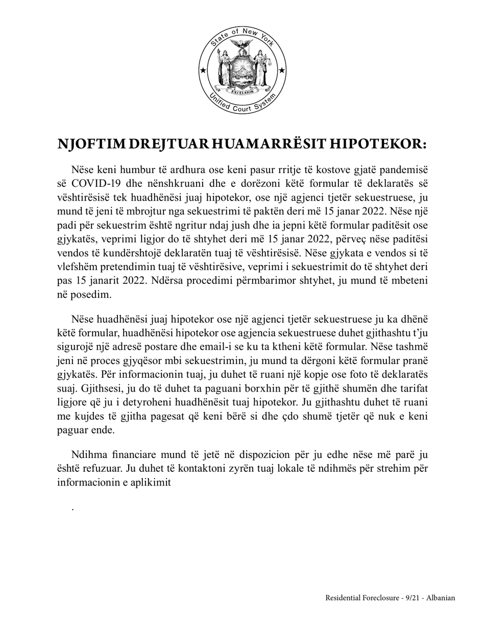 Mortgagors Declaration of Covid-19-related Hardship - New York (Albanian), Page 1