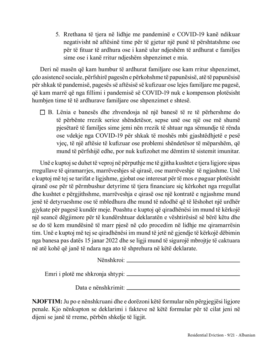 Tenants Declaration of Hardship During the Covid-19 Pandemic - New York (Albanian), Page 3