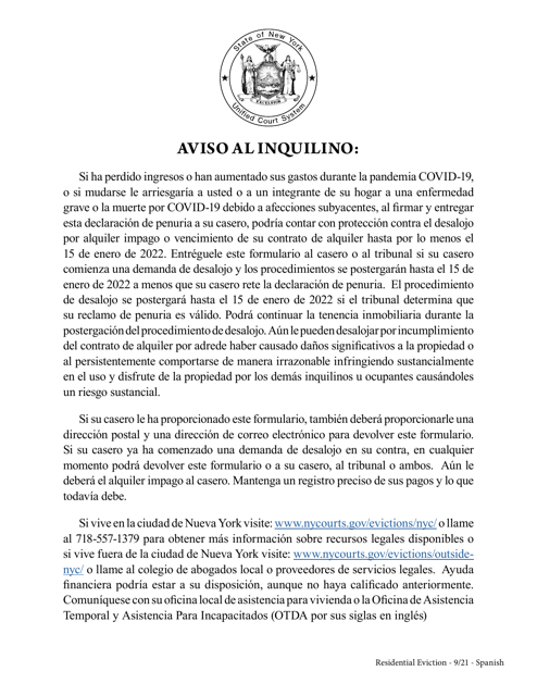 Declaracion De Penuria Del Inquilino Durante La Panedmia Del Covid-19 - New York (Spanish) Download Pdf