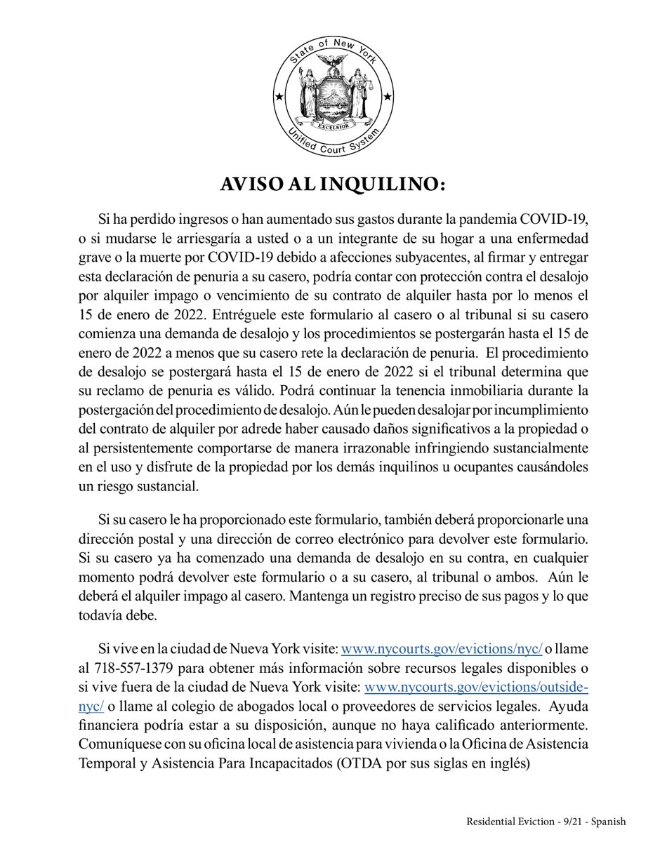 Declaracion De Penuria Del Inquilino Durante La Panedmia Del Covid-19 - New York (Spanish), Page 1
