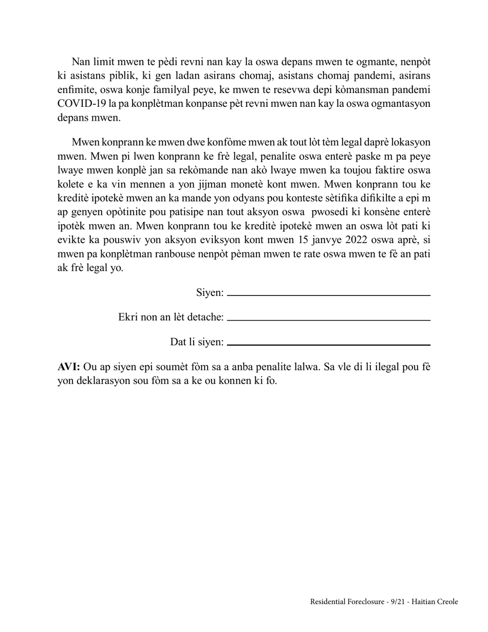 Mortgagors Declaration of Covid-19-related Hardship - New York (Haitian Creole), Page 3