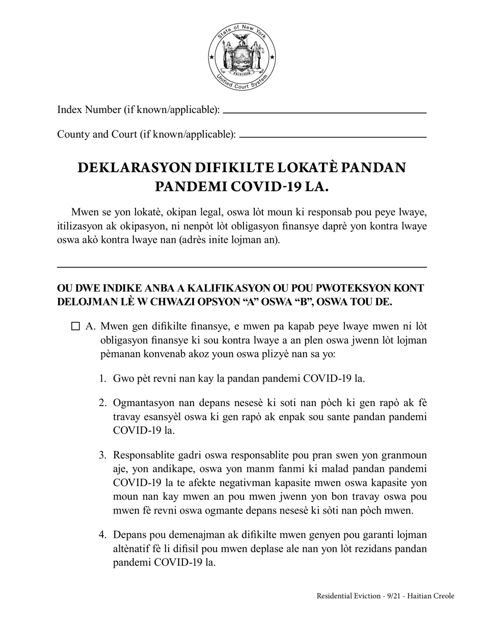 Tenants Declaration of Hardship During the Covid-19 Pandemic - New York (Haitian Creole), Page 2