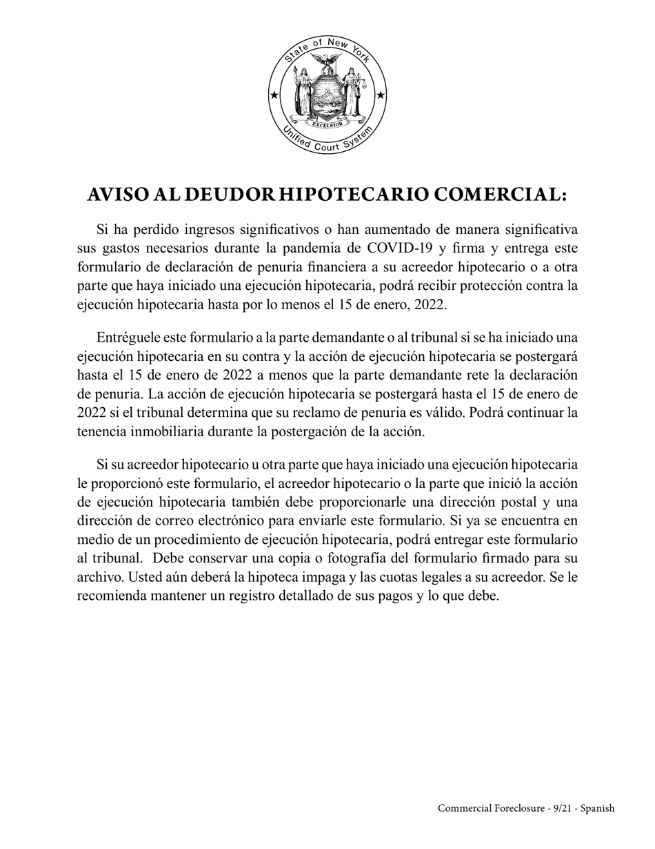 Declaracion Del Deudor Hipotecario De Penuria Relacionada Con Covid-19 - New York (Spanish), Page 1