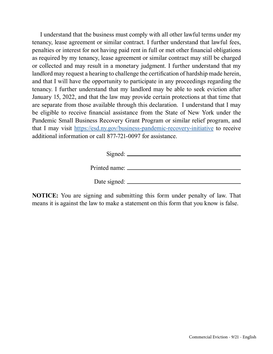 Commercial Tenants Declaration of Hardship During the Covid-19 Pandemic - New York, Page 3