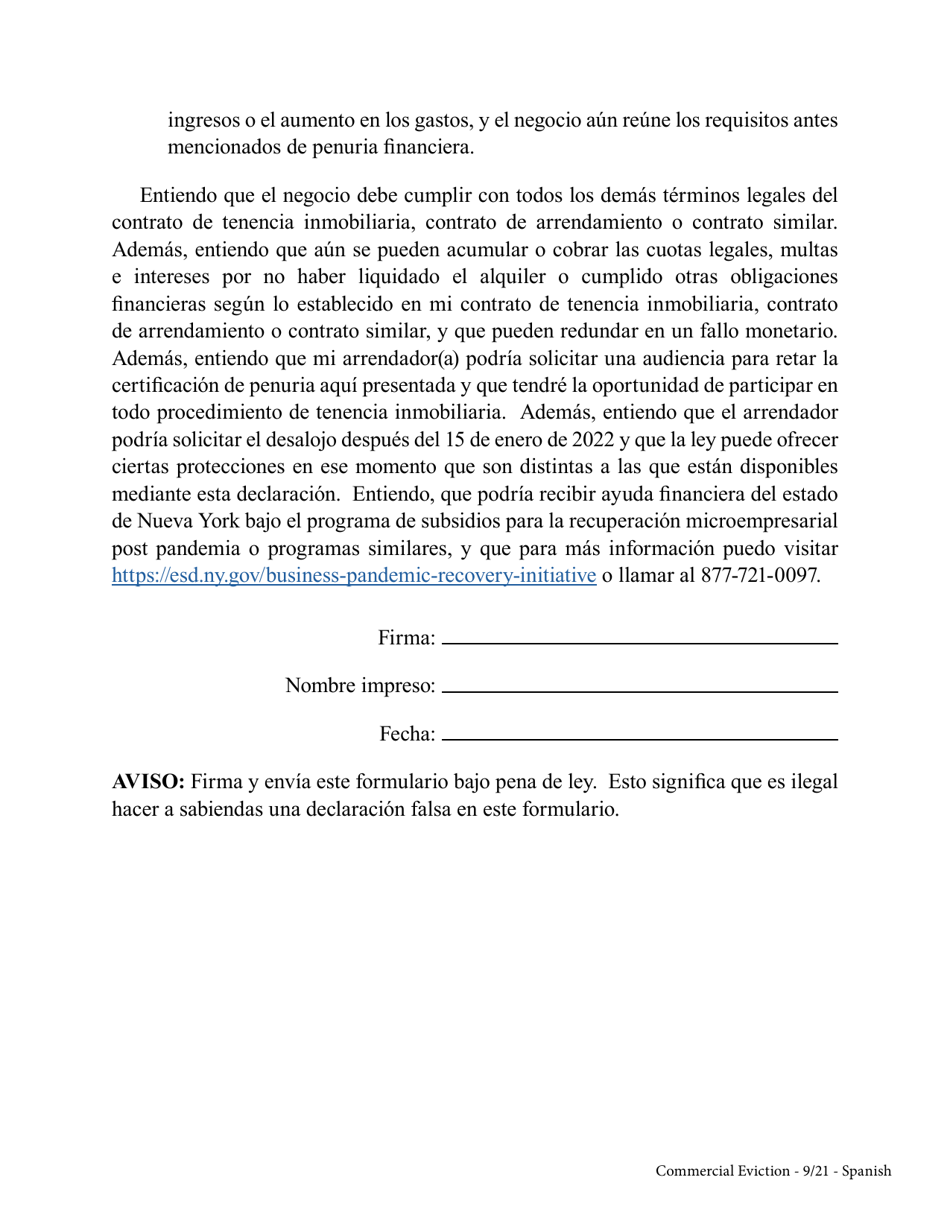 Declaracion De Penuria Del Inquilino Comercial Durante La Pandemia De Covid-19 - New York (Spanish), Page 3
