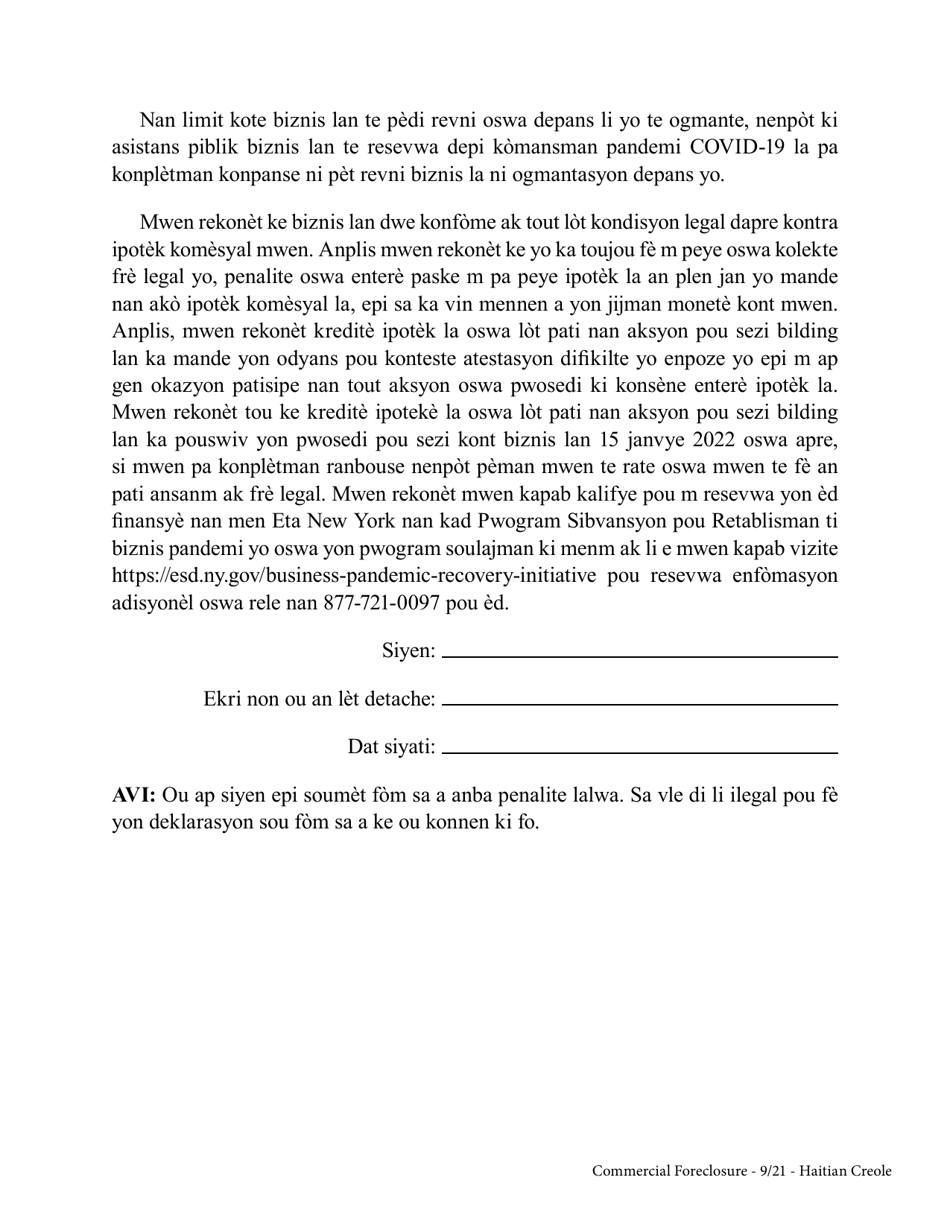 Commercial Mortgagors Declaration of Covid-19-related Hardship - New York (Haitian Creole), Page 3