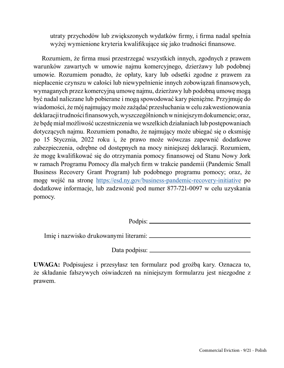 Commercial Tenants Declaration of Hardship During the Covid-19 Pandemic - New York (Polish), Page 3