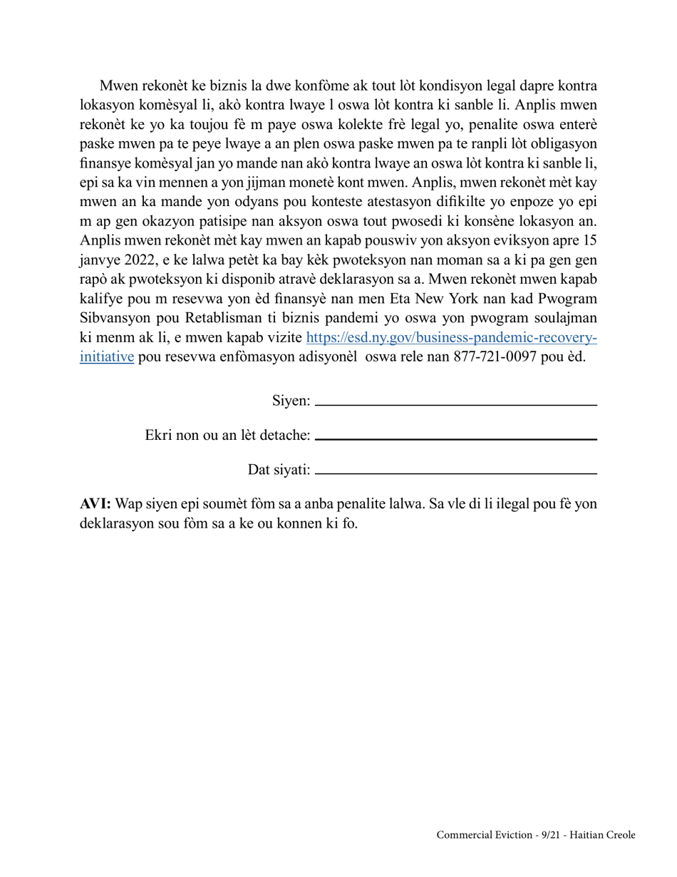 Commercial Tenants Declaration of Hardship During the Covid-19 Pandemic - New York (Haitian Creole), Page 3