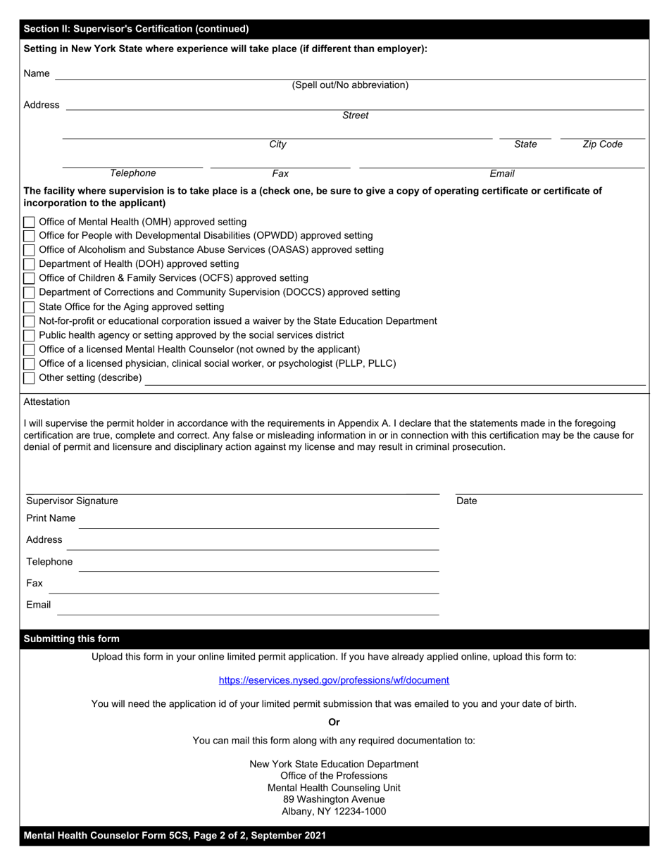 Mental Health Counselor Form 5CS Certification of Supervisor for Limited Permit - New York, Page 2