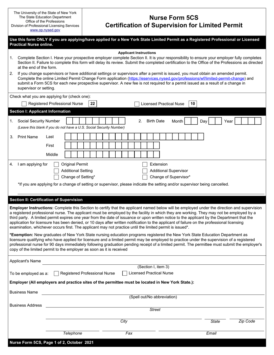 Nurse Form 5CS Certification of Supervision for Limited Permit - New York, Page 1