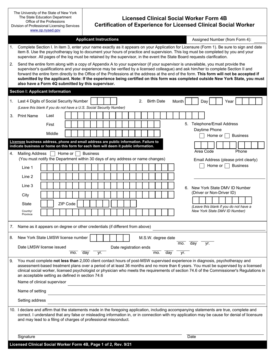 Licensed Clinical Social Worker Form 4B Certification of Experience for Licensed Clinical Social Worker - New York, Page 1
