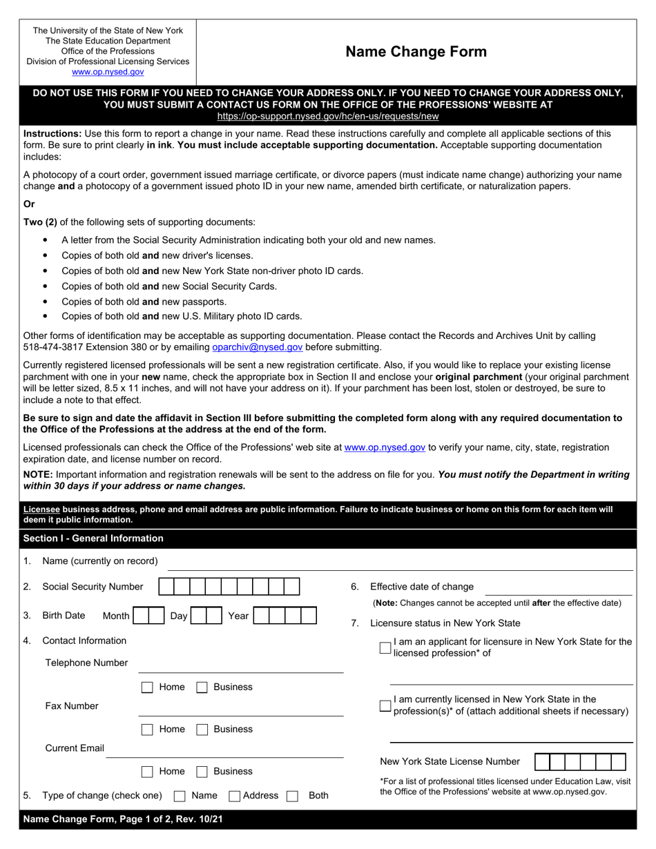 Name Change Form - New York, Page 1