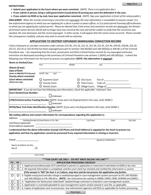 Application to Destroy Expunged Marihuana Conviction Record - New York Download Pdf
