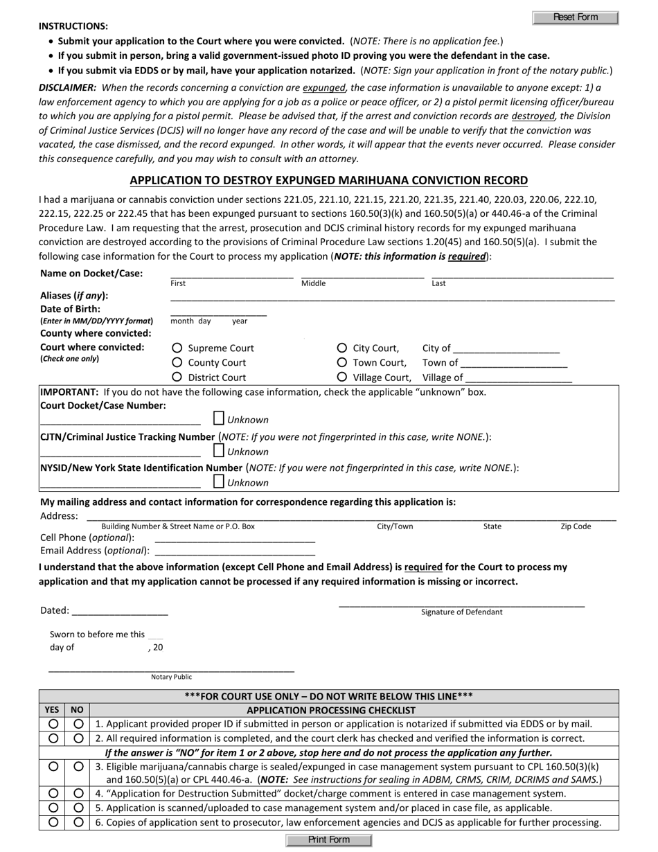 Application to Destroy Expunged Marihuana Conviction Record - New York, Page 1