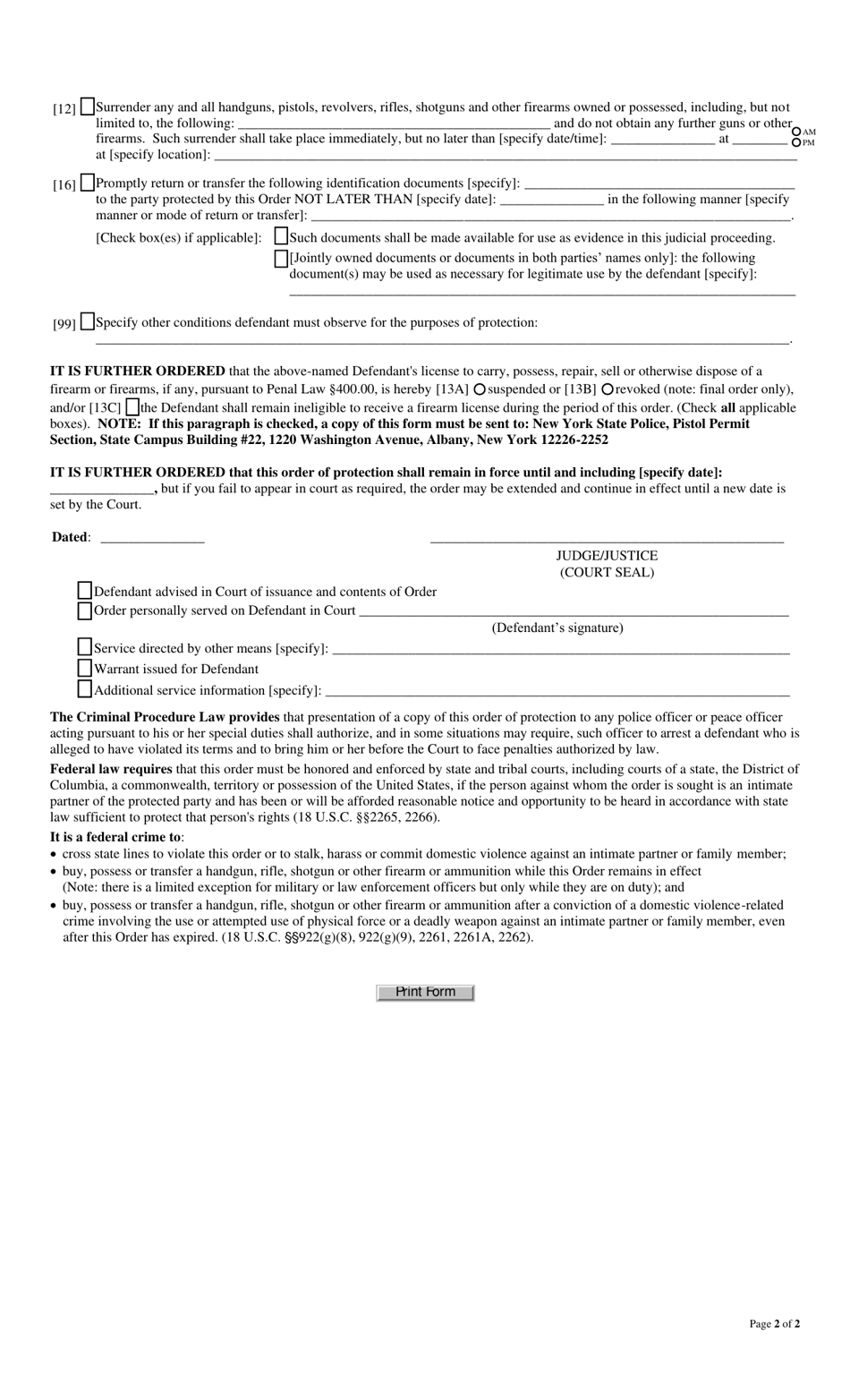 Criminal Form 1 Order of Protection / Family Offenses - New York, Page 2
