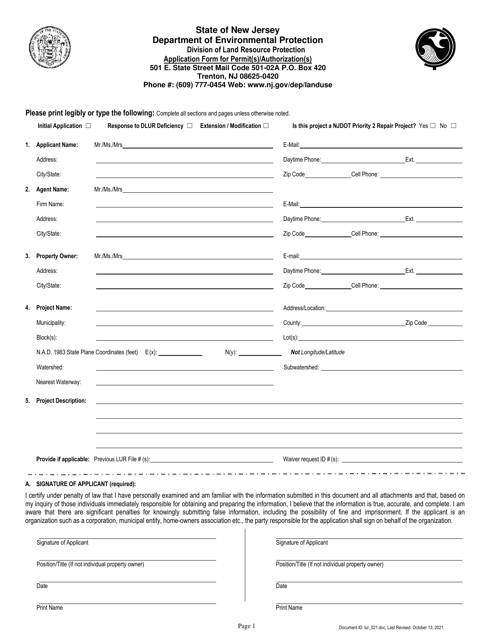 Application Form for Permit(S)/Authorization(S) - New Jersey