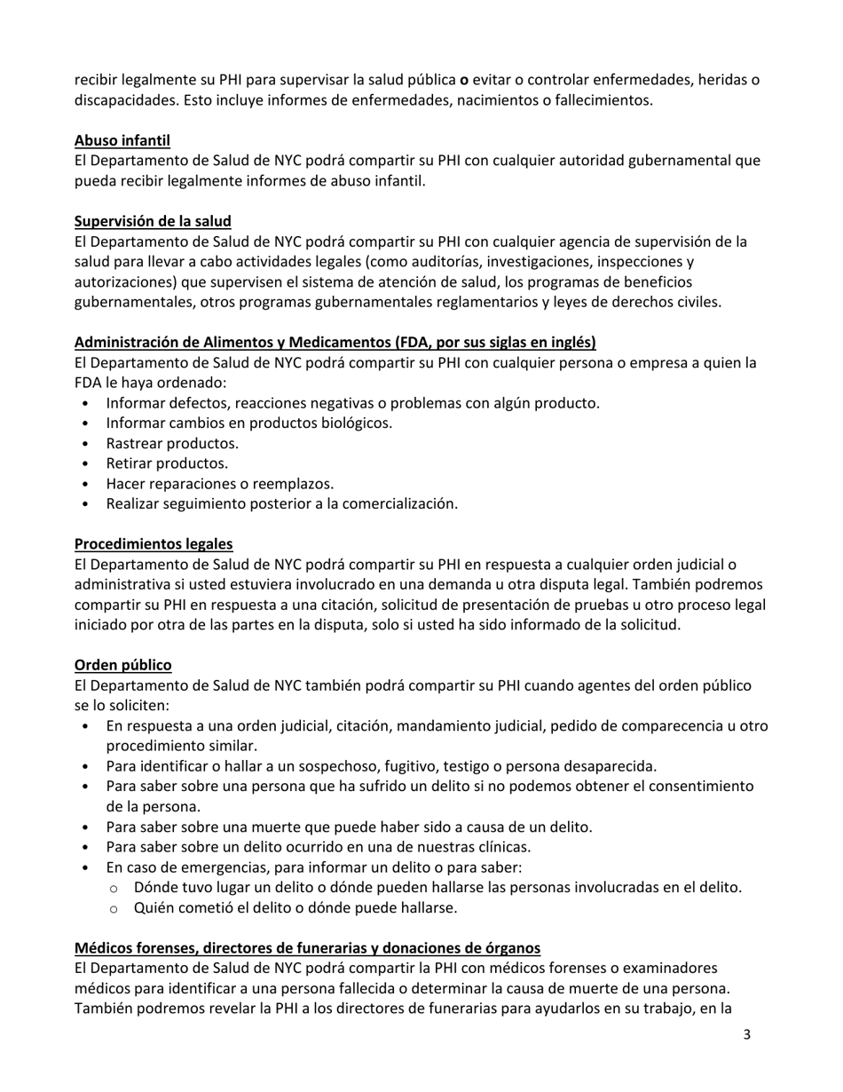 Acuse De Recibo Del Aviso De Practicas De Privacidad - New York City (Spanish), Page 3