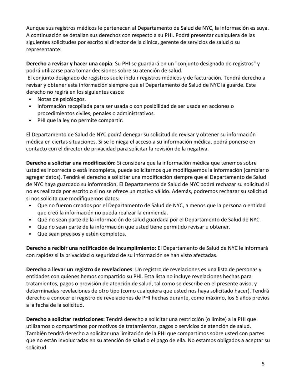 Acuse De Recibo Del Aviso De Practicas De Privacidad - New York City (Spanish), Page 5
