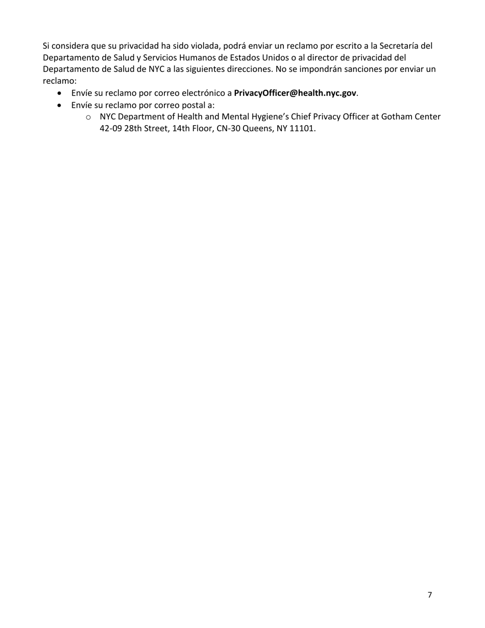 Acuse De Recibo Del Aviso De Practicas De Privacidad - New York City (Spanish), Page 7
