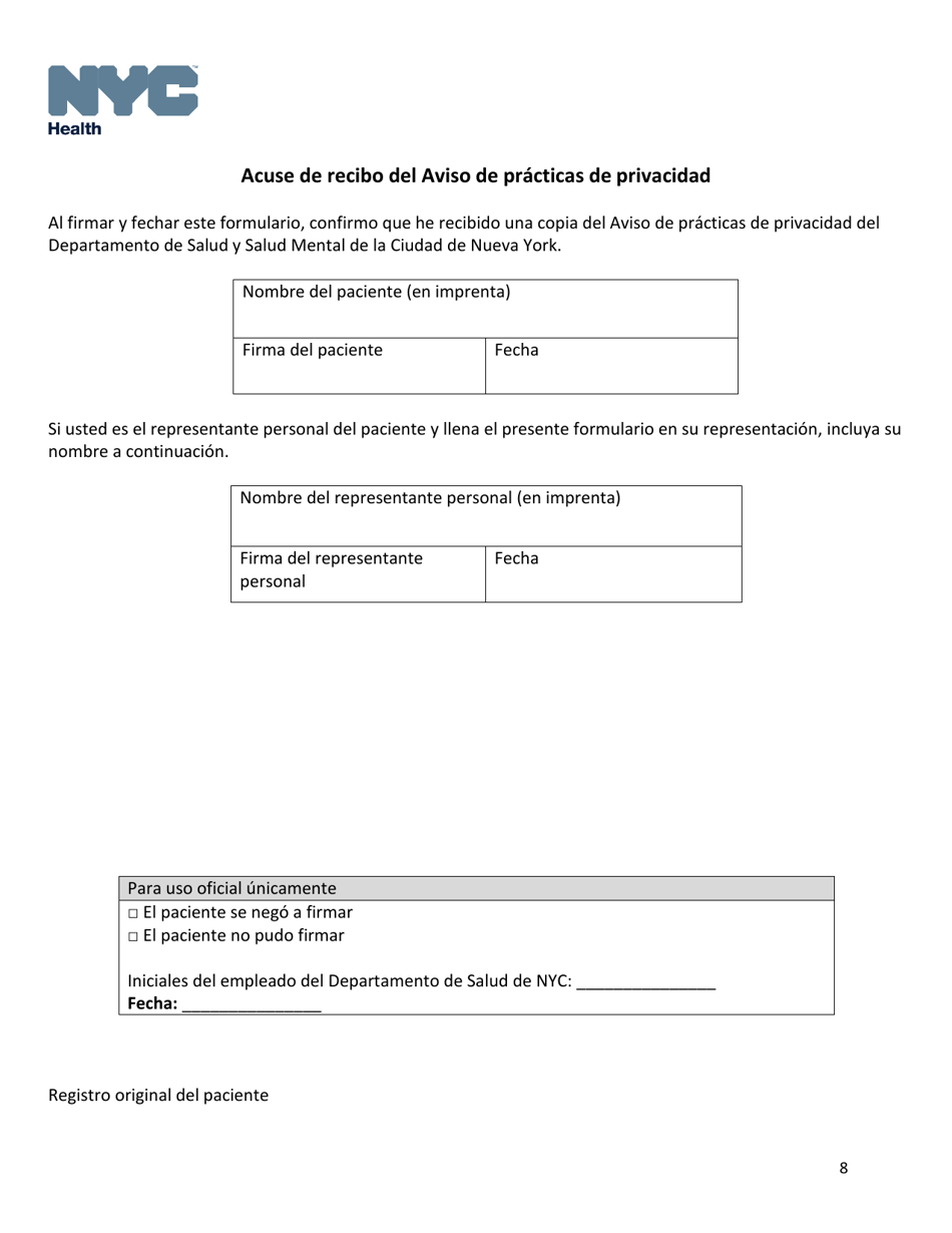 Acuse De Recibo Del Aviso De Practicas De Privacidad - New York City (Spanish), Page 8