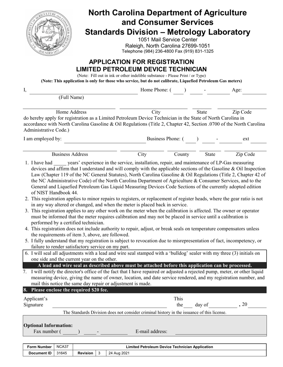 Form NCA37 Limited Petroleum Device Technician Application for Registration - North Carolina, Page 1