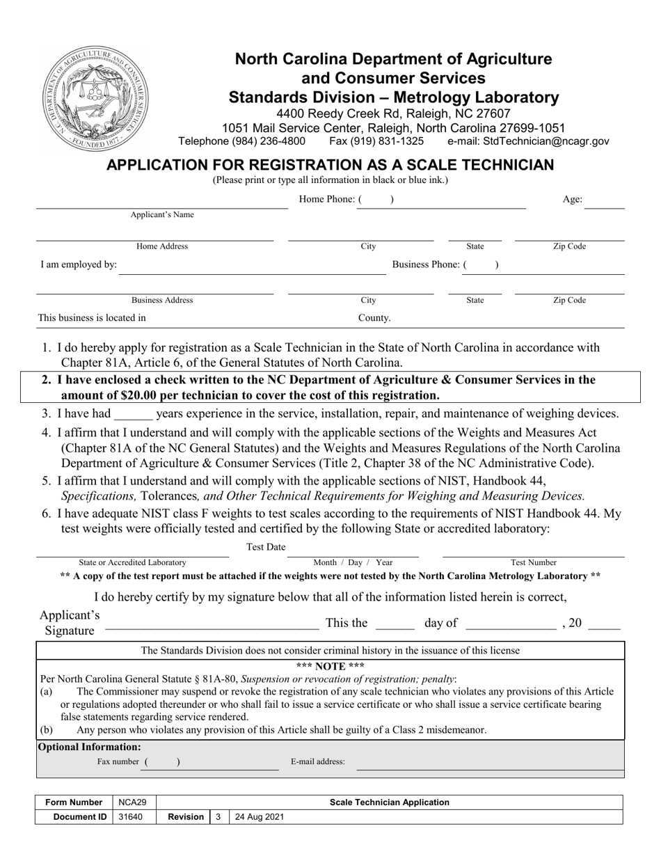 Form NCA29 Application for Registration as a Scale Technician - North Carolina, Page 1