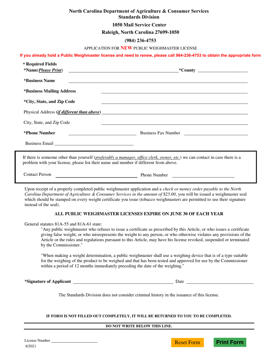 Application for New Public Weighmaster License - North Carolina, Page 1