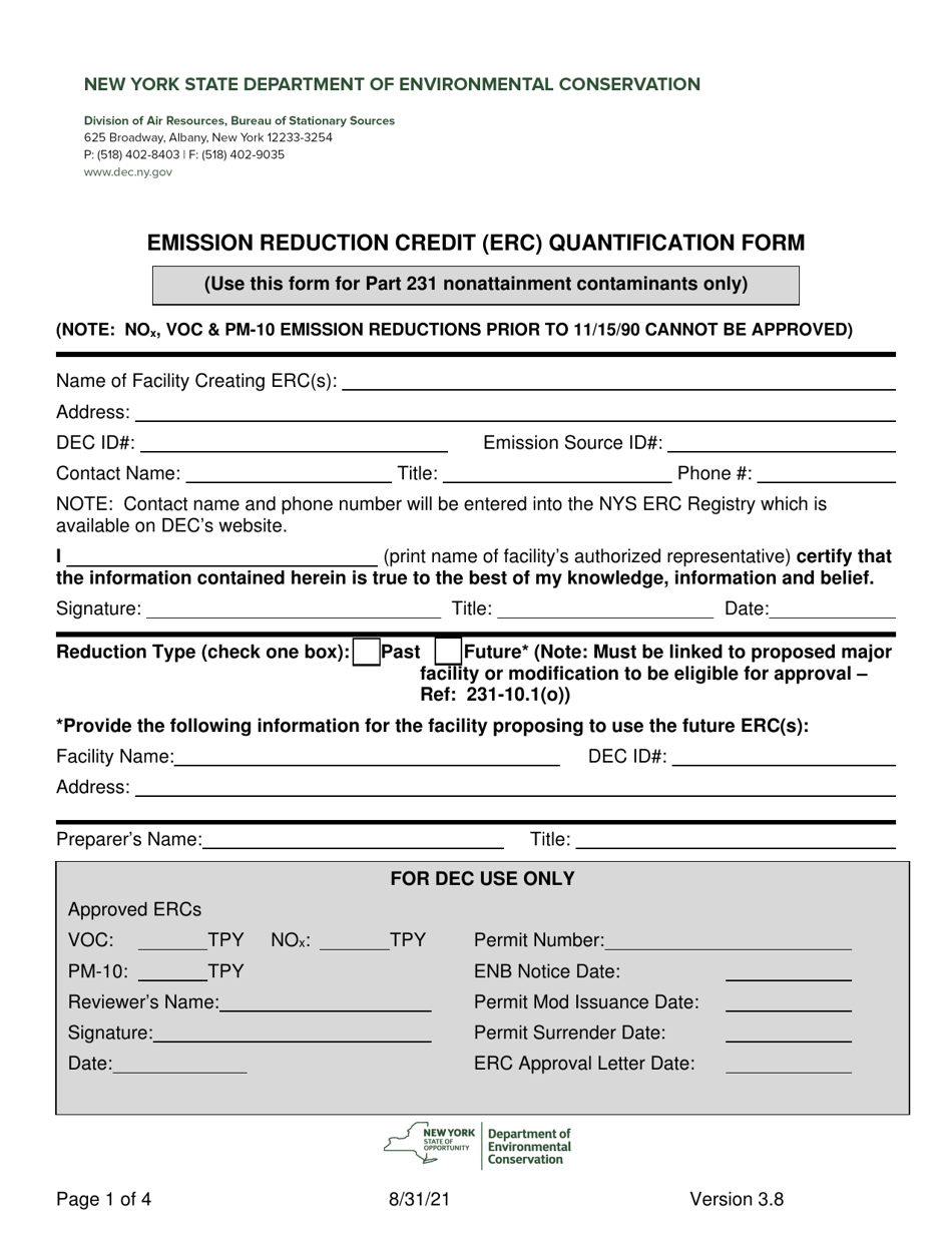 Emission Reduction Credit (Erc) Quantification Form (Nonattainment Contaminants Only) - New York, Page 1