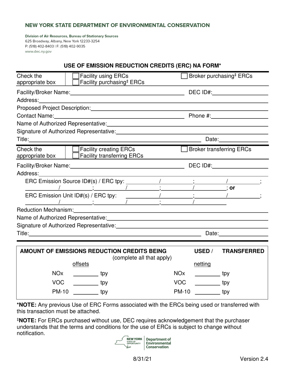 Use of Emission Reduction Credits (Erc) Na Form - New York, Page 1