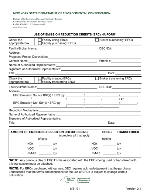Use of Emission Reduction Credits (Erc) Na Form - New York Download Pdf