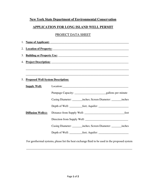 Application for Long Island Well Permit Project Data Sheet - New York Download Pdf