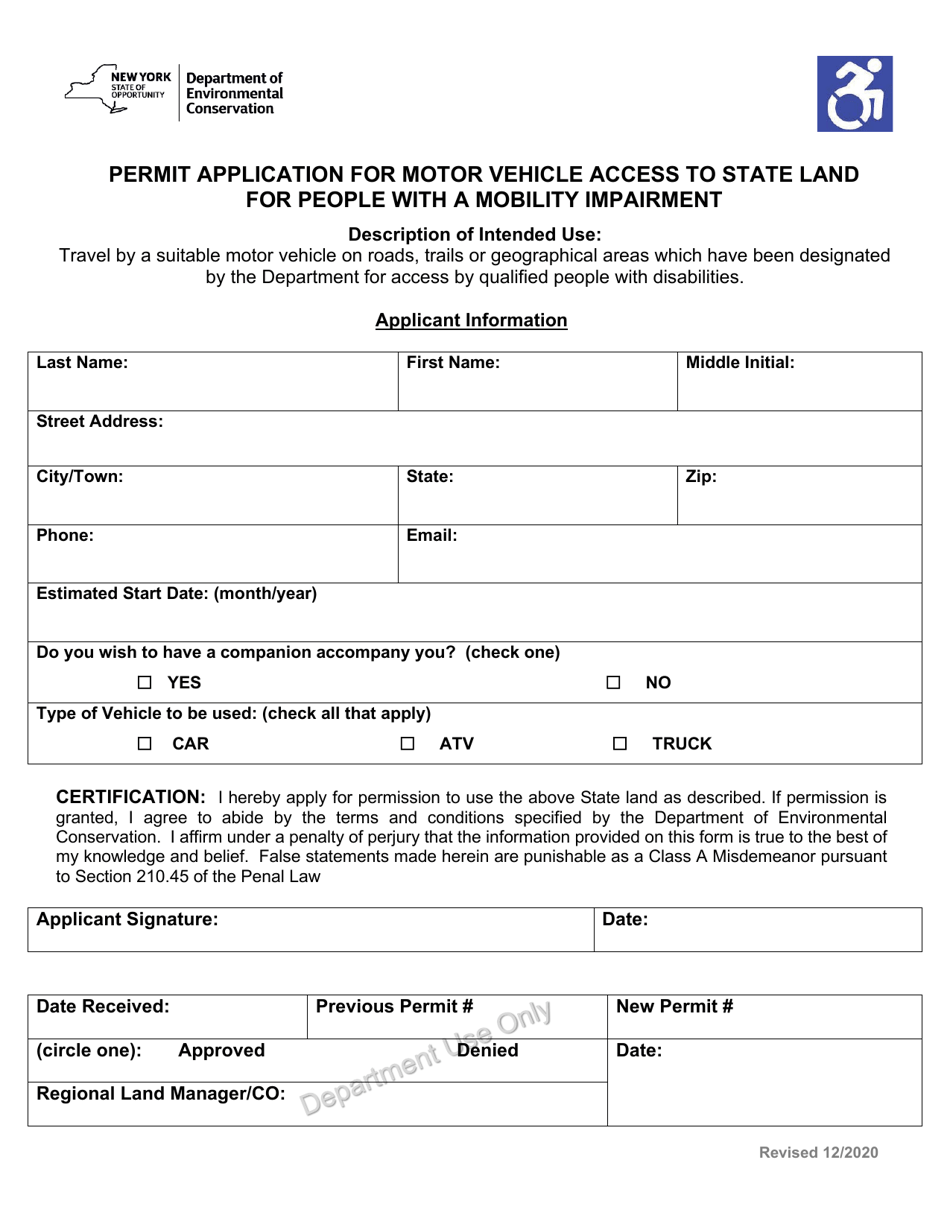 Permit Application for Motor Vehicle Access to State Land for People With a Mobility Impairment - New York, Page 1