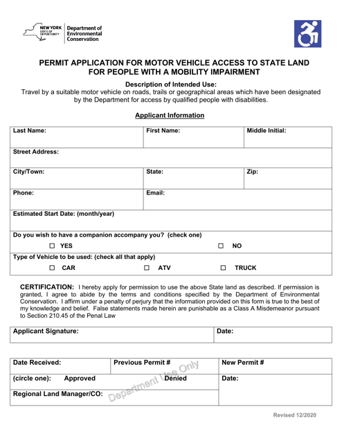 Permit Application for Motor Vehicle Access to State Land for People With a Mobility Impairment - New York Download Pdf