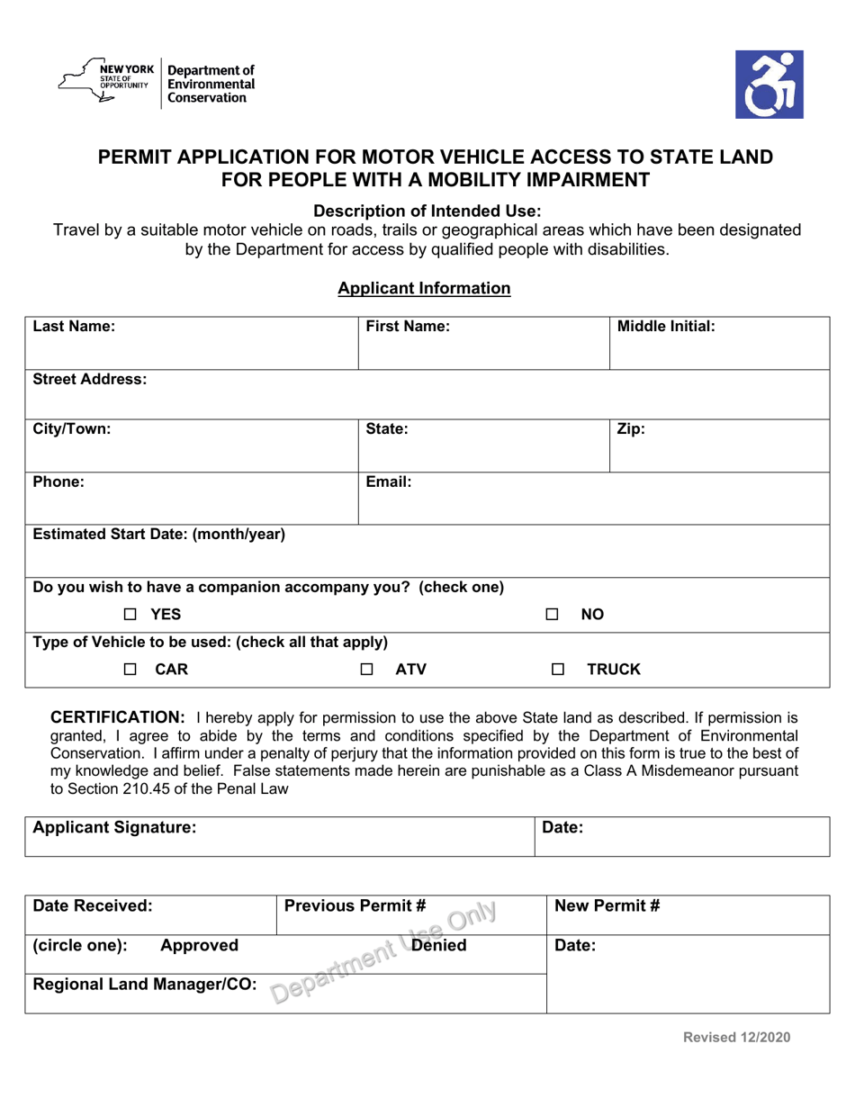 New York Permit Application for Motor Vehicle Access to State Land for